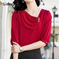 ruffled slash neck beaded red chiffon shirt spring summer short sleeve blouse korean style elegant shirt professional ol shirt