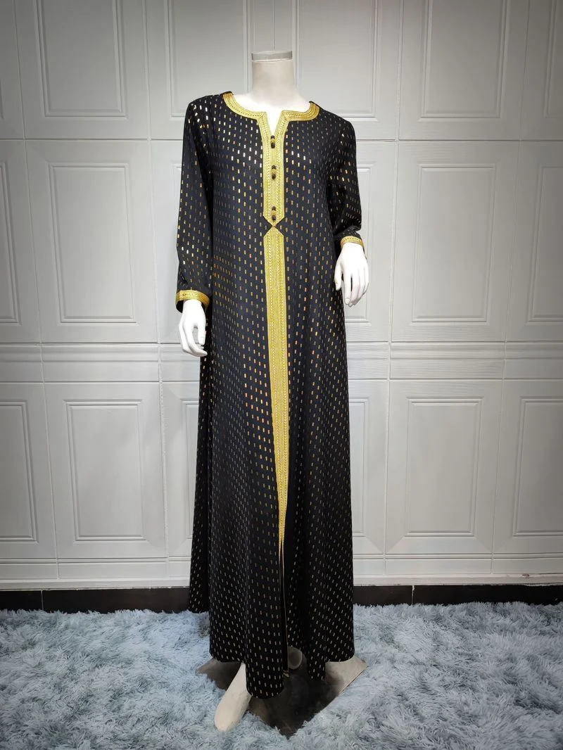 Golden Printed Abaya Dresses Jalabiya for Women 2022 Loose Casual Kaftan Muslim Modest Robe Islam Dubai Arabic Moroccan Caftan