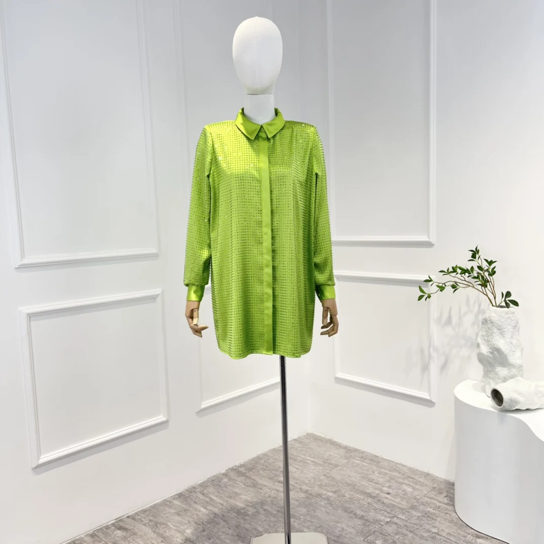 

Женская Свободная блузка с длинным рукавом, винтажная блузка с Зелеными камнями, приклеенными к нему, роскошная стильная одежда, осень-зима ...