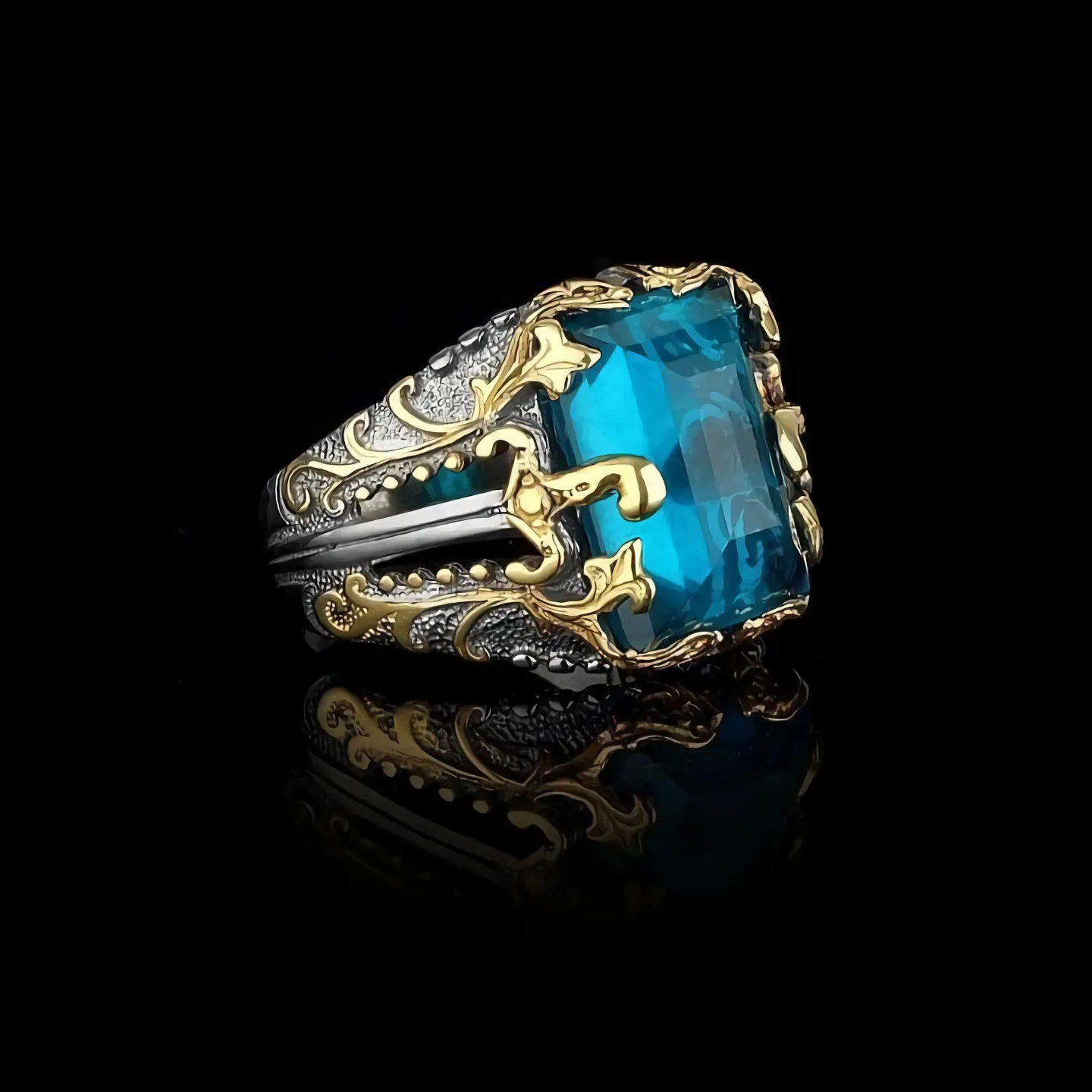 

Fashion Men's Blue Cubic Zirconia Stone Dagger Shaped Ring Gold Black Color Bike Party Punk Jewelry