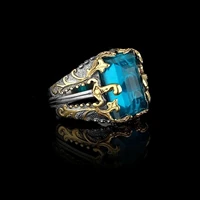 fashion mens blue cubic zirconia stone dagger shaped ring gold black color bike party punk jewelry