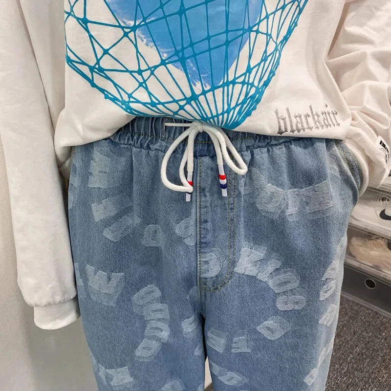 High Street  Man Denim Pants Trousers  Retro Y2k Straight Jean Streetwear Loose Mopping Pants Loose Design Fashion Casual Pant