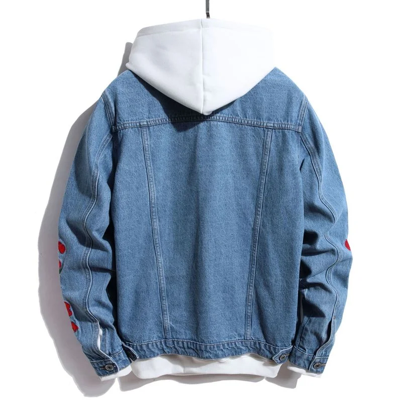 Red Rose Embroidery Men's Blue Denim 