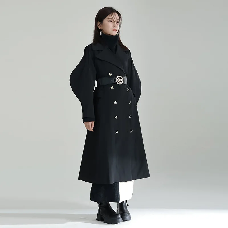 

2023 winter designer coat Bubble sleeves tucked waist double-breasted tweed coat mid-length lapel trench coat