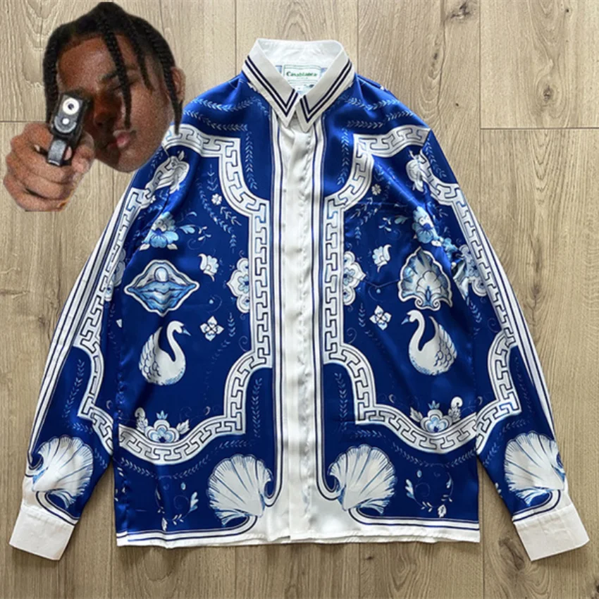 

Porcelain Swan Casablanca Shirt Men Women Blue Long Sleeve Hawaii Beach Silk Shirts