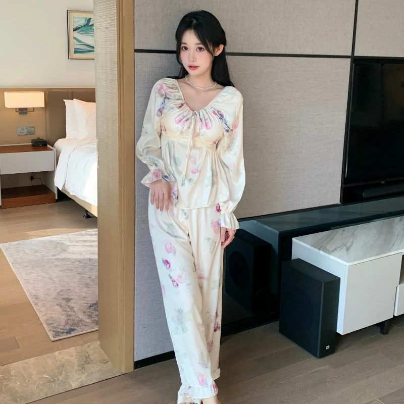 2023 Pajamas for Women Spring and Summer V-neck Long-sleeved Flower Fairy Sweet Lace Home Service Suit Casual and Soft Nightwear