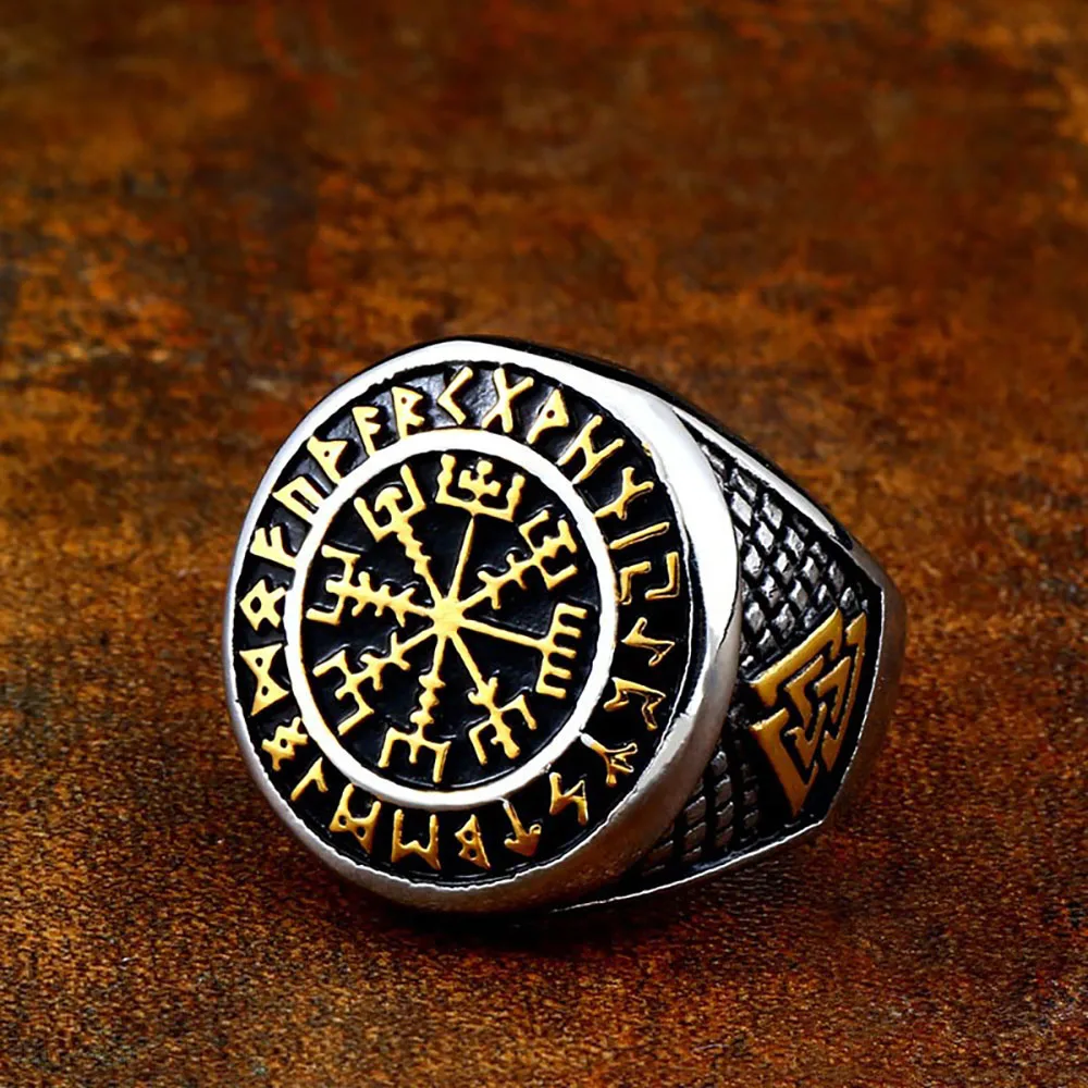 

Vintage Silver Color/Gold Stainless Steel Viking Compass Ring Men Biker Nordic Odin Viking Rune Ring Fashion Amulet Jewelry Gift