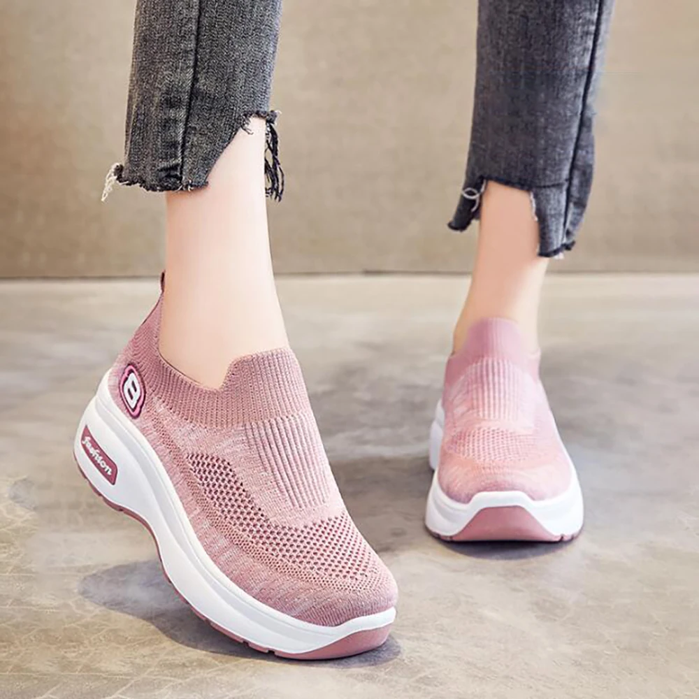 

2023 New Women Casual Shoes Platform Wedge Female Women Fashion Slip On Sneakers Chunky Mesh Breathable Vulcanized Shoes