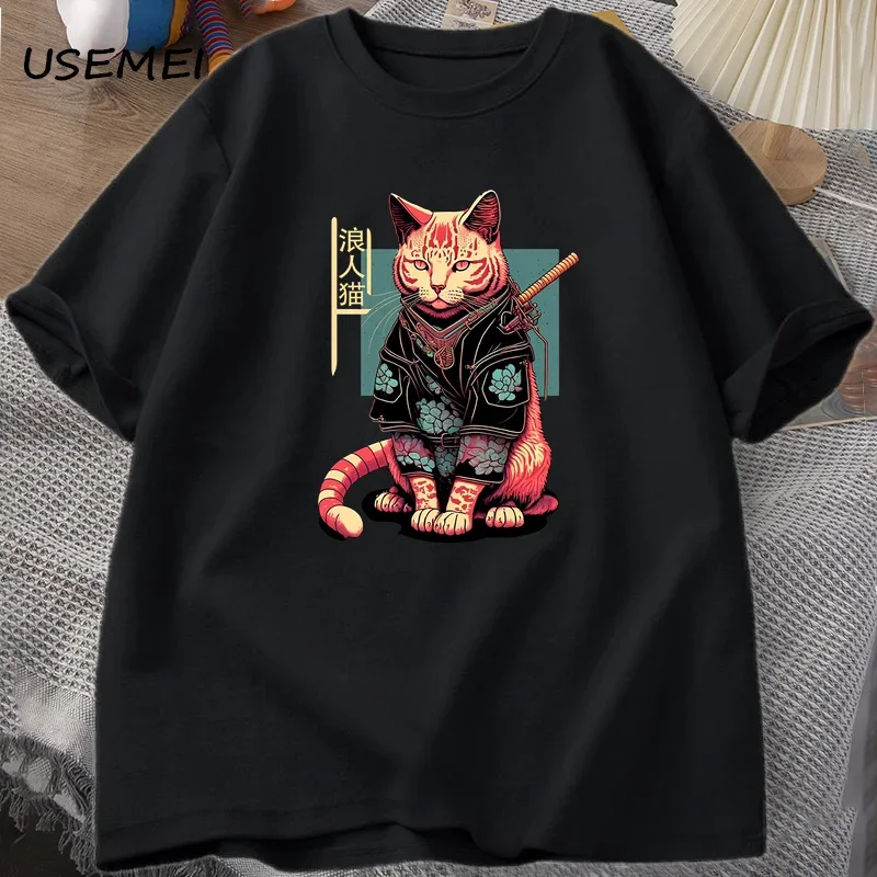Футболка мужская с принтом самурайского кота милая хлопковая рубашка коротким