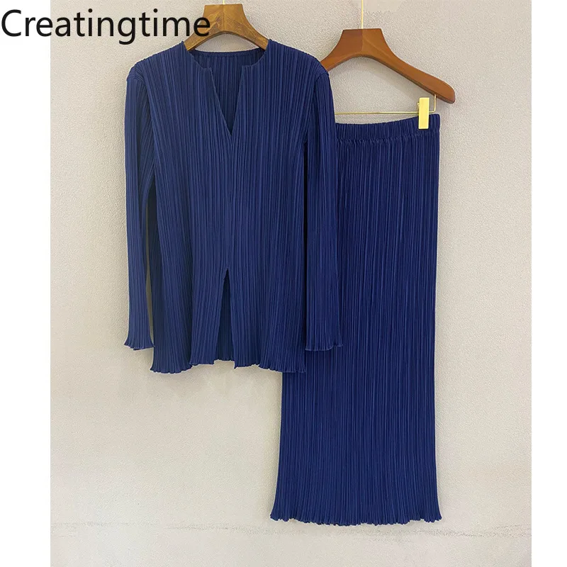 

Creatingtime 2022 Spring New Fashion Trend Women's Solid Color V-Neck Pleated Patchwork Casual High Waist Skirt Suit GA781