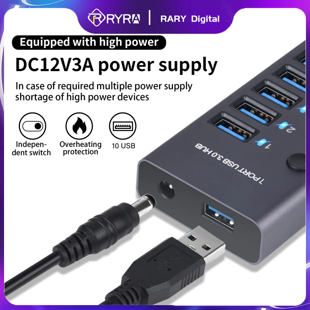 

High Speed 4/10 Port USB3.0 HUB Adapter Expander Multi-port USB Splitter Multiple Extender With Independent Switch For PC Laptop