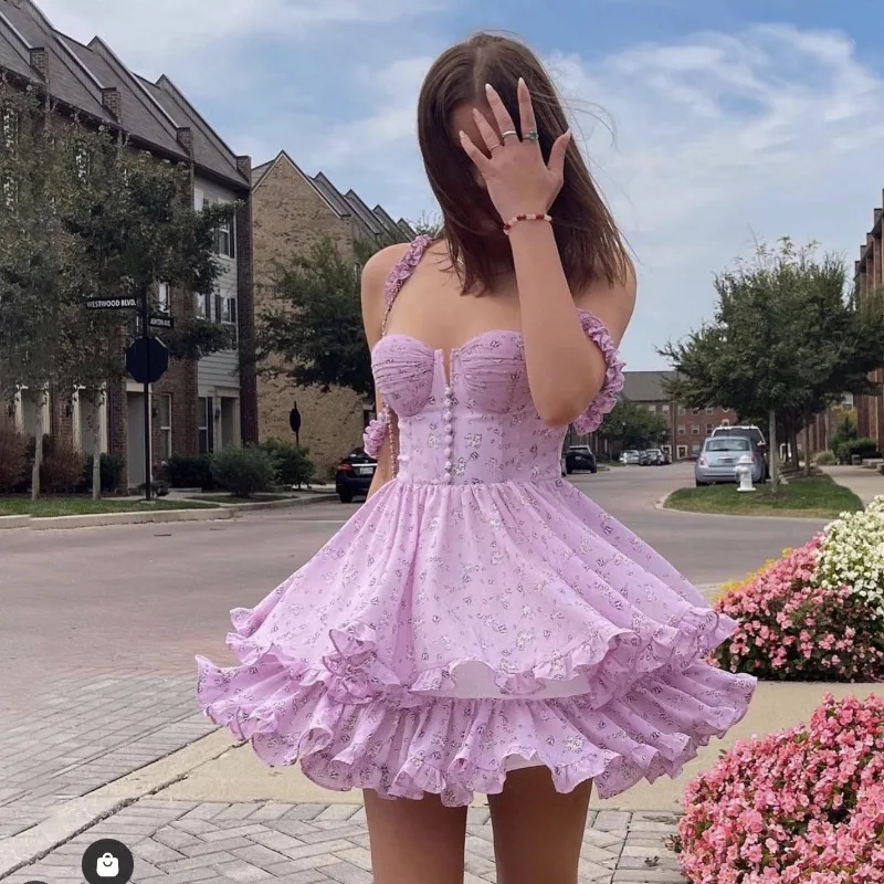 

Print Cascading Ruffle Spaghetti Strap Dress Sexy V Neck Backless High Waist A-Line Summer Dress Holiday Beach Style Mini Dress