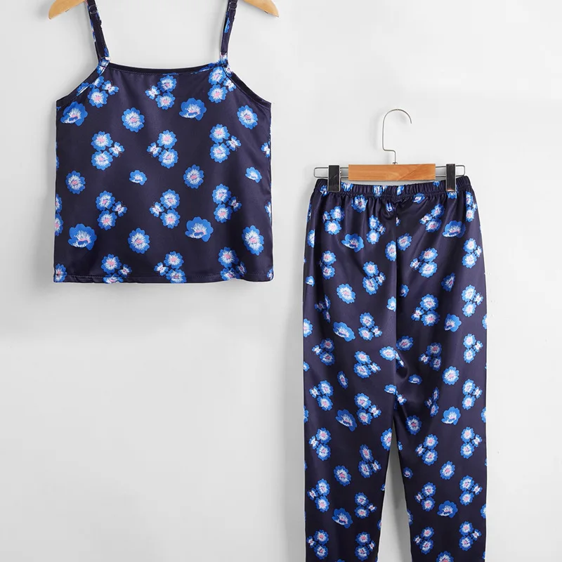 

Floral female big children cute pajamas imitation silk suspender trousers two-piece summer children's baby home clothes suit