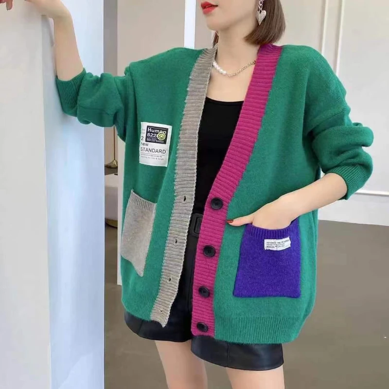 

Knitted Sweater Contrast Colors New Fashion Loose Casual Single Breasted Cardigans Spring Autumn Warm Tops Chic Streetwear Coats