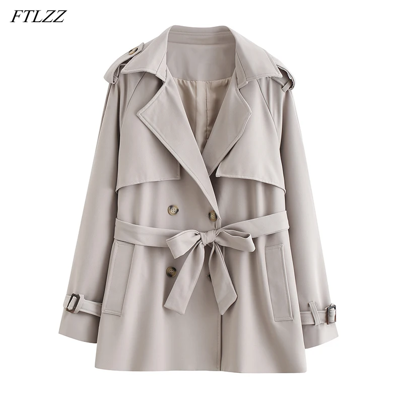 

FTLZZ 2022 Spring Autumn Women Double Breasted Loose Trench Coat with Belt Streetwear Female Turndown Collar Tops Windbreaker