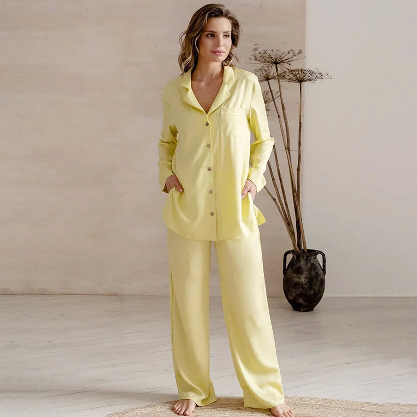 

Casual Loose Pajamas For Women Nightwear Single Breasted Trouser Suits Pocket Sleepwear 2 Pieces Female Set Pajama 2022 Spring