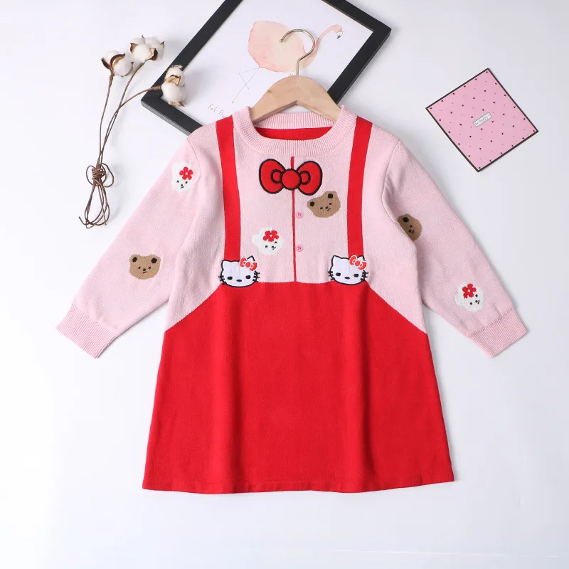 

Kawaii Sanrio Hellokitty Kids Sweater Dress Anime Cotton Soft Warm Knit Sweater Princess Skirt Spring Autumn Winter Casual Top