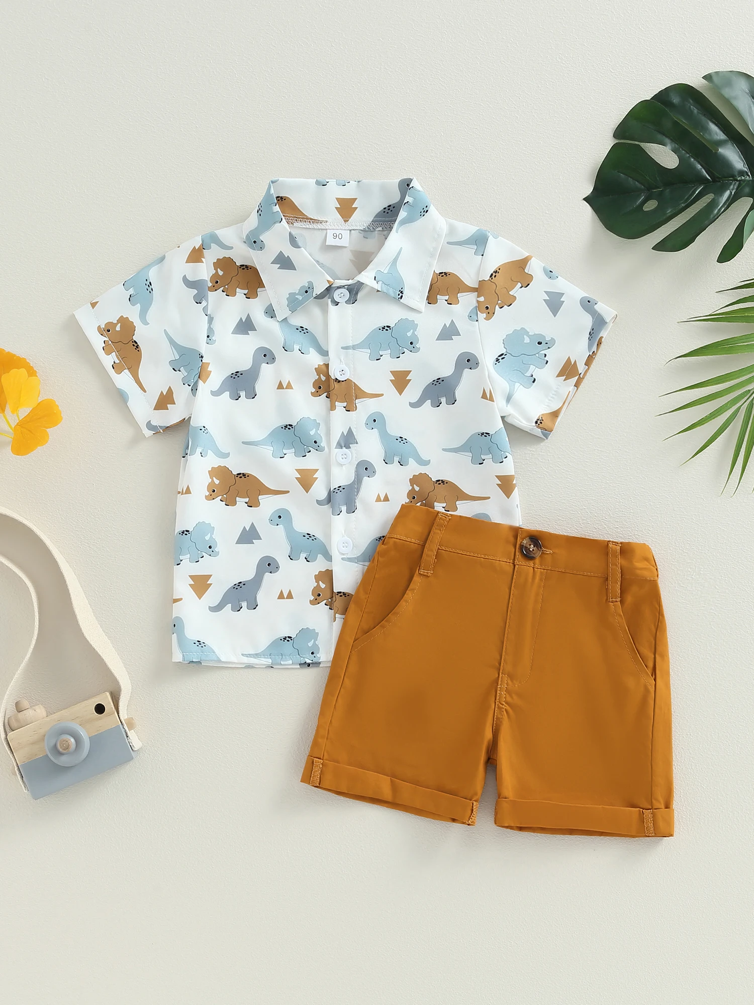 

Boys Casual Summer Outfits Printed Dinosaur Turn-Down Collar Short Sleeve Shirts and Solid Color Shorts - 2-Piece Clothing