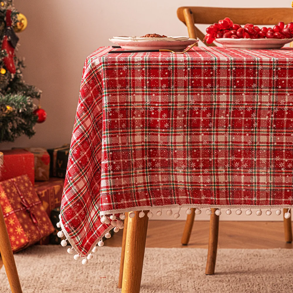 

Christmas Snowflake Ball Table Cloth Checkered Printing Tea Table Table Dressing Table Cover Cloth Decoration Background