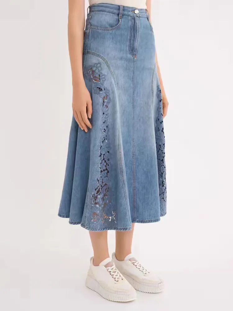 Юбка y2k женская с цветочной вышивкой ажурная хлопковая миди-юбка из денима