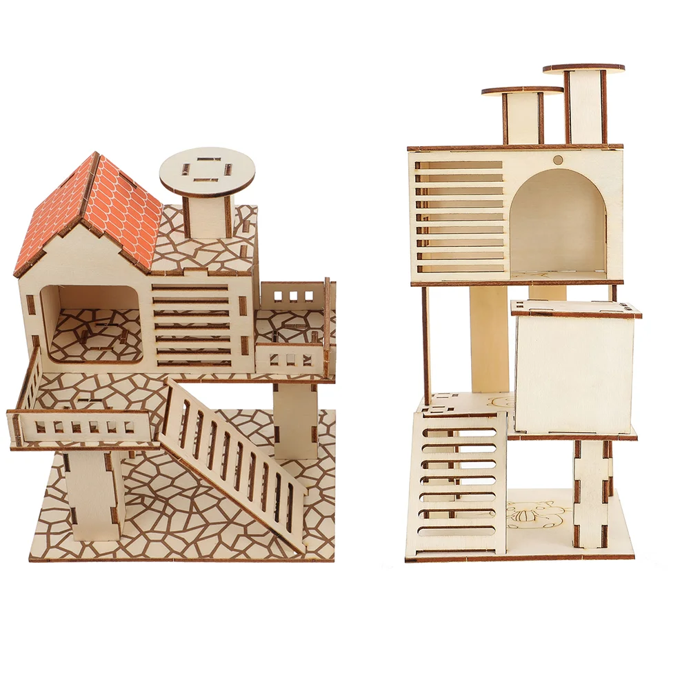 

2 PCS Hamster Villa Pet Nest House Building Wood Toys Wooden Creative Maze Natural Habitat
