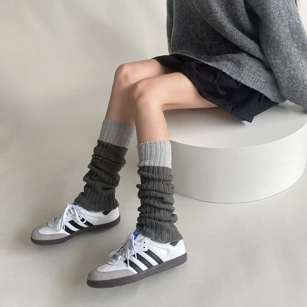 

Knitted Long Socks Women Leg Warmer Contrast Splicing Leg Cover Winter Warm Mid Tube Socks Solid Color Warming Boot Cuffs