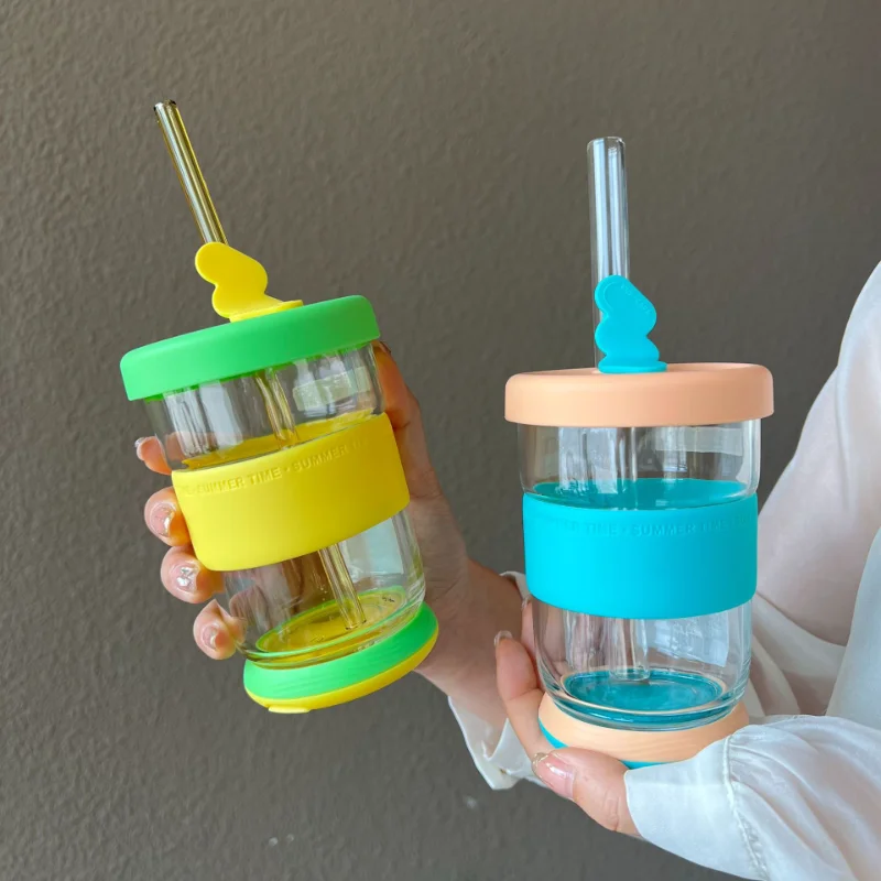 

450ML Glass High Beauty Female Creative Straw Water Cup Fashion Desktop Mobile Phone Holder Cup Wholesale Milk Juice Mocha Beer