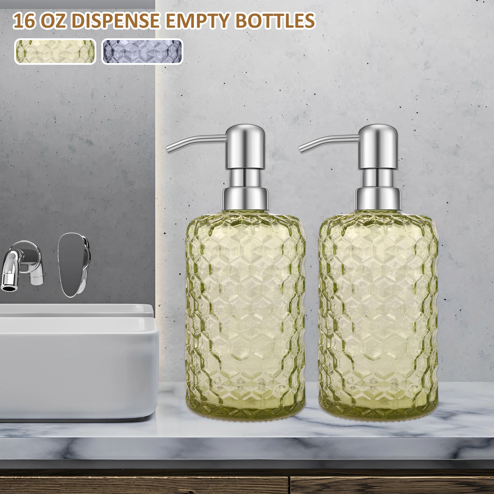 

L 2Pcs Soap Dispenser Bottle with Stainless Steel Pump 16Oz Glass Soap Dispenser Refillable Hand Soap Container Rustproof Glass