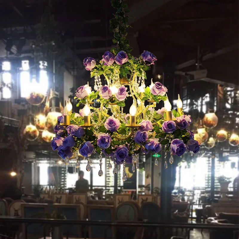

Romantic Wedding Banquet Hall Decoration Chandelier Theme Restaurant Crystal Simulation Rose Plant Pendant Light