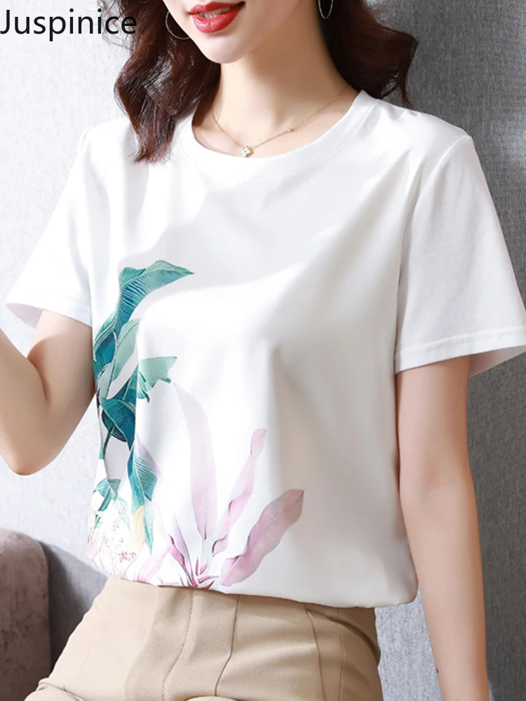 

Juspinice Woman T-shirts Patchwork White Female Short-sleeved Womens Tops 2022 Fashion New Printed Top O-neck T Shirt for Women