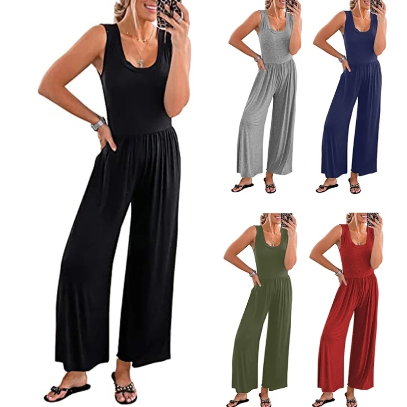 

F42F Ladies U-neck Jumpsuit Women Loose Rompers Girls Solid Color Casual Rompers Jumpsuits with Pockets for Vacations Summer