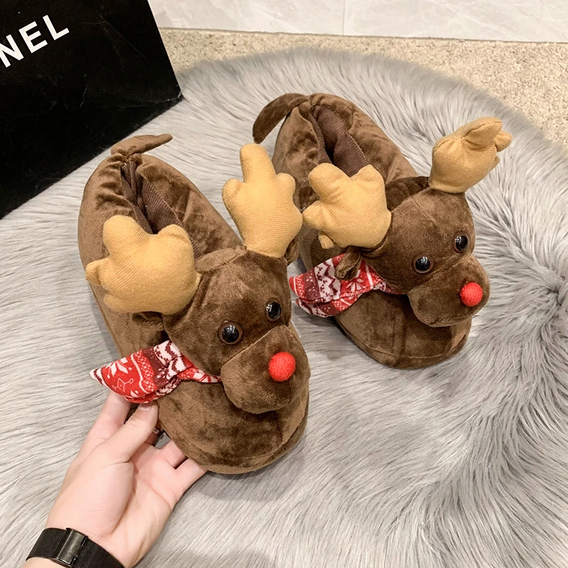 

Новые рождественские женские зимние теплые симпатичные Тапочки с изображением лося, домашние Нескользящие короткие плюшевые теплые женск...