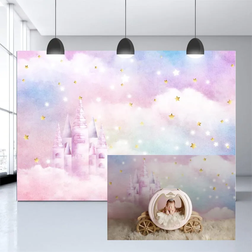 

Fairy Tale Castle Photography Backdrop Newborn Baby Princess Birthday Portrait Rainbow Cloud Background Photo Studio Photocall