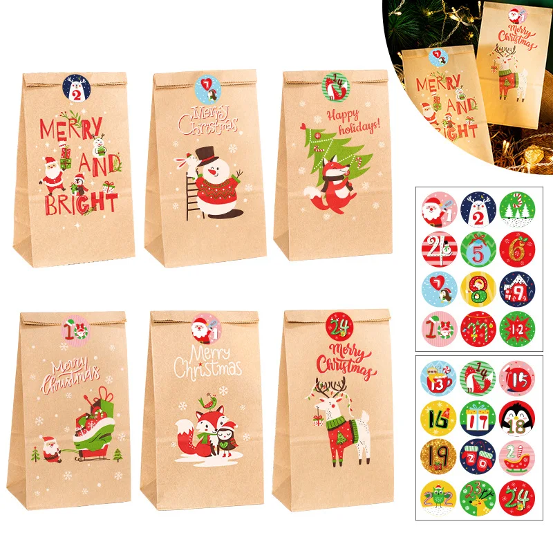 

24pcs/set Christmas Kraft Paper Bags Santa Claus Candy Cookie Packaging Bag Xmas Navidad New Year Gift Wrapping Supplies