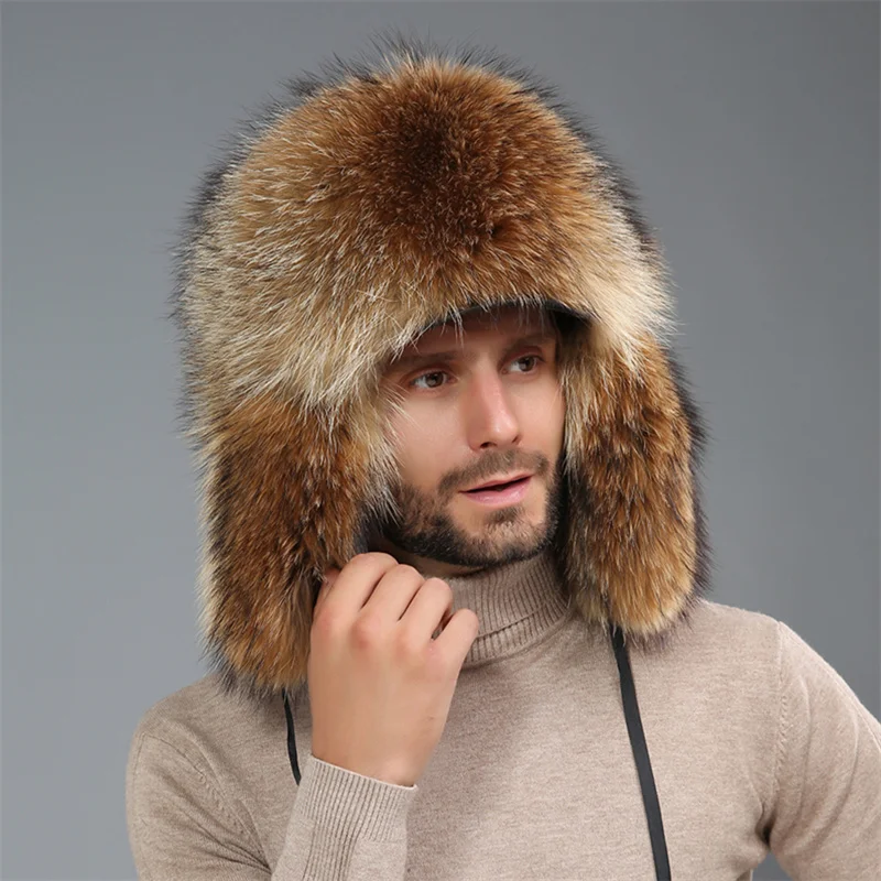 Winter Men's 100% Real Sliver Fox Fur Bomber Hat Raccoon Fur Ushanka Cap Trapper Russian Man Ski Hats Caps Mens Raccoon Fur Hat