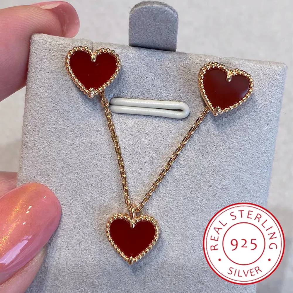 

Charm 18K Quality V Gold Luxury Brand Natural Agate Red Heart Earrings Neckalce Bracelet Fine Jewelry Sets For Women Girls Gift