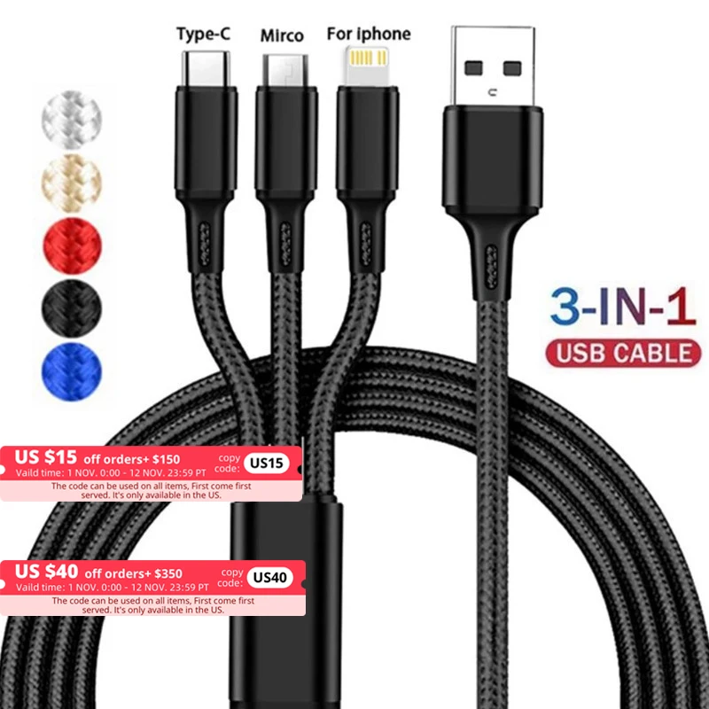 

Lovebay 3 In 1 Fast Charging Cord For iPhone Huawei Micro USB Type C Charger Cable Multi Usb Port Multiple Usb Charging Cord