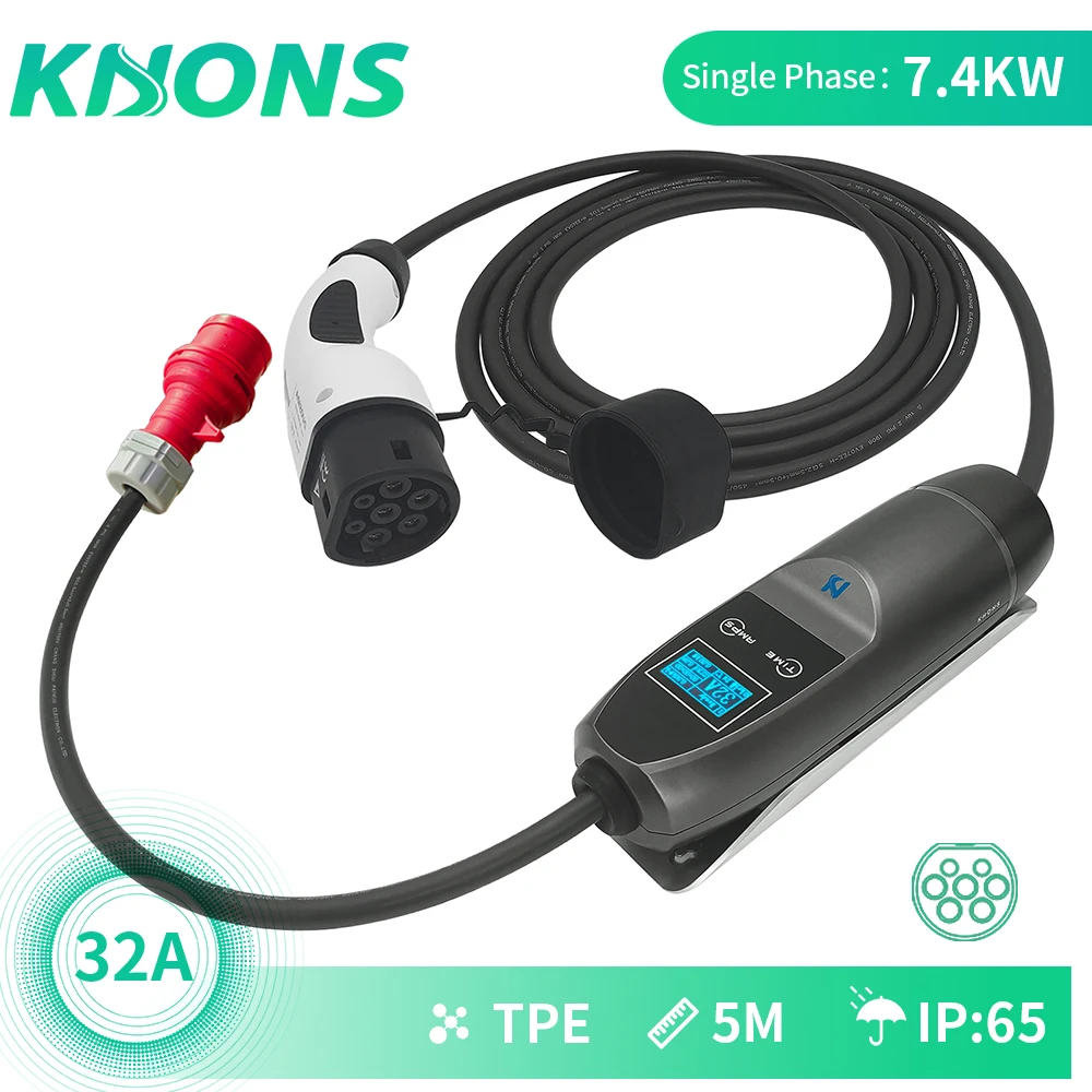 

Khons EVSE портативное зарядное устройство для электромобиля, однофазное, IEC 62196, с красной вилкой CEE, 32 А, регулируемый, 16 футов