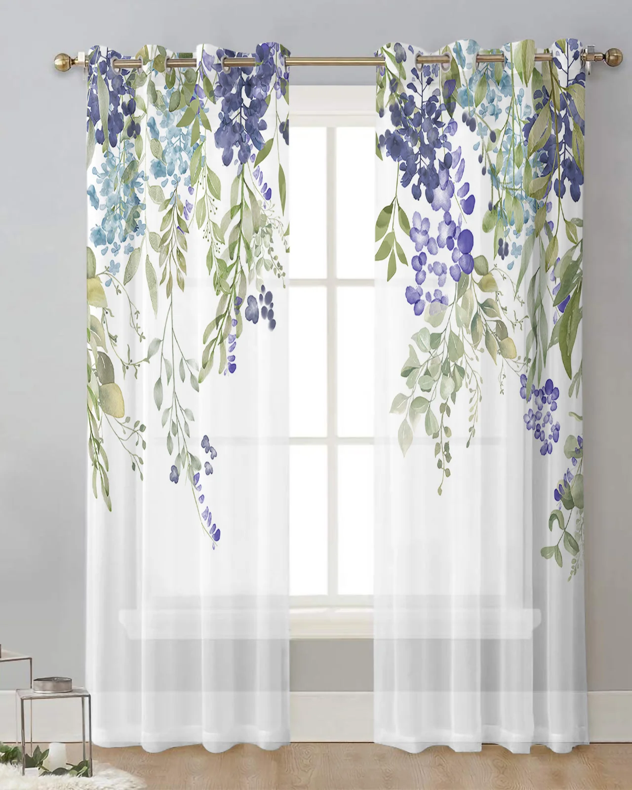 

Тюлевые занавески с акварельными цветами, растениями, фиолетовыми и зелеными листьями, занавески для гостиной, прозрачная вуаль для оформления окон, драпировка с Люверсами