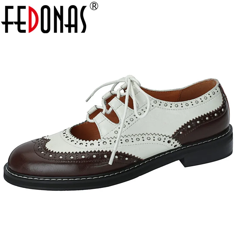 FEDONAS New Arrival Women Pumps Spring Summer Hollow Genuine Leather Low Heels Casual Cross-Tied Shoes Woman Retro Brogue Shoes