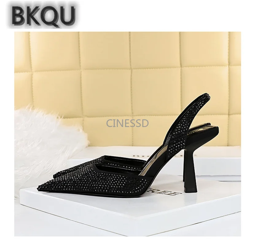 

2022 Summer New Ladies High Heel Sandals Pointed Toe Slingback Sandals Ladies Shiny Crystal Muller Sandals Plus Size