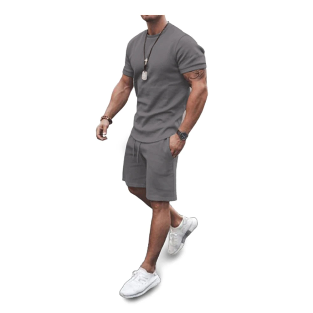 Summer Trendy Teenager Tracksuits For Men Solid Color Short Sleeve T-shirt And Drawstring Shorts Casual Sport 2 Piece Sets 21486