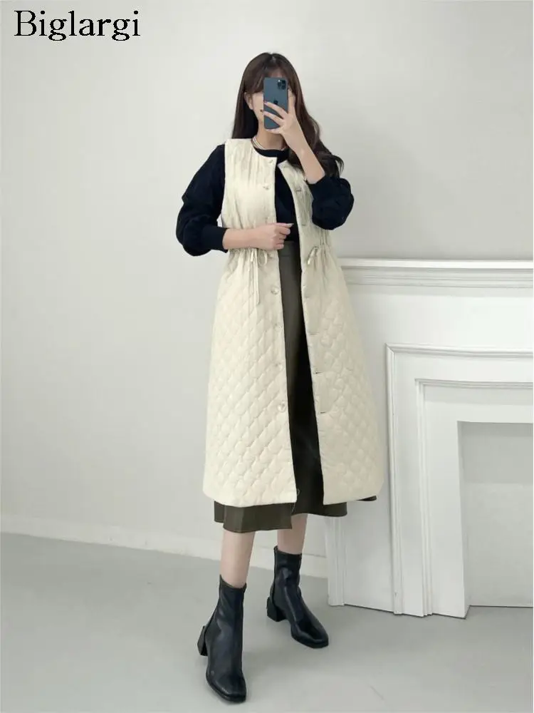 

Autumn Winter Cotton Long Vests Coat Women Plaid Fashion Pleated Ladies Jackets Sleeveless Korean Loose Woman Jackets Coats 2023
