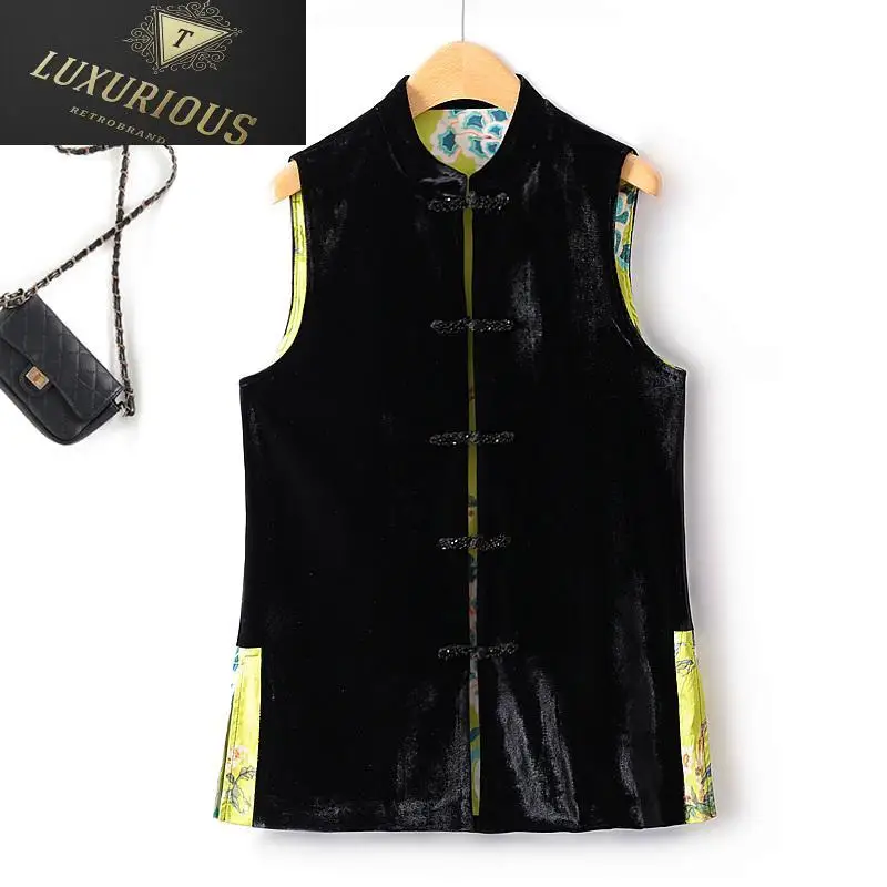 

Autumn Winter Chinese Style Vest Light Luxury Velvet Stitching Drape Printing Buckle Retro Stand Collar Mid Length Waistcoat 4XL