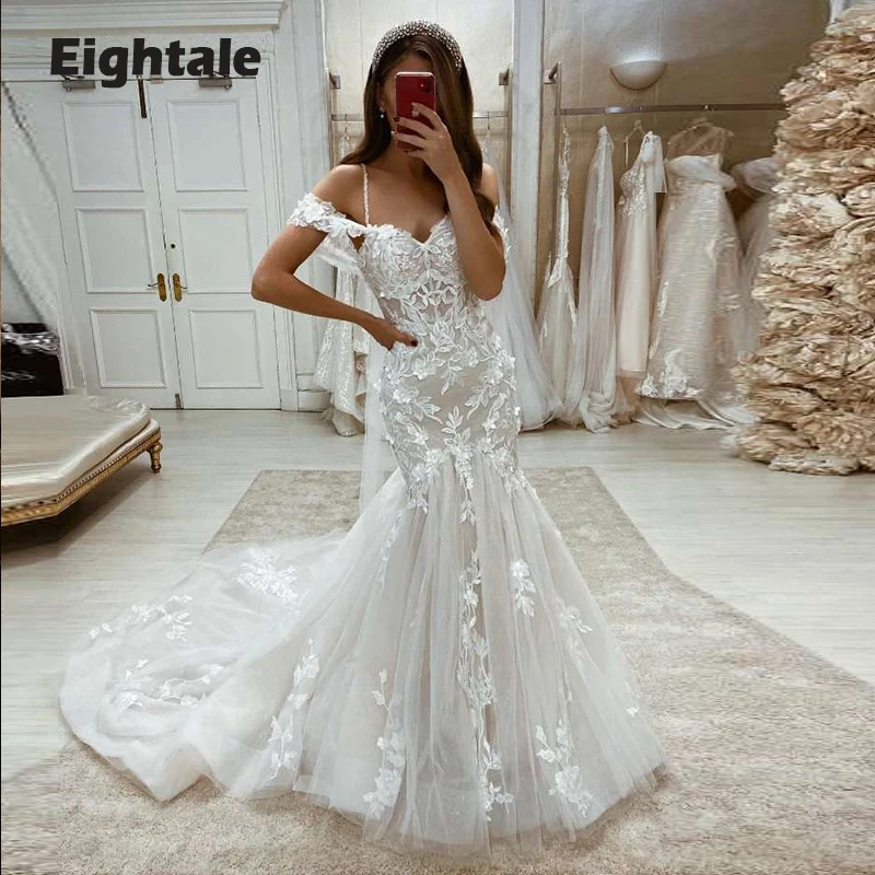 

Eightale Mermaid Wedding Dress Boho Sweetheart Appliques Spaghetti Strap Custom Made Bridal Gown Lace Wedding Party Dress