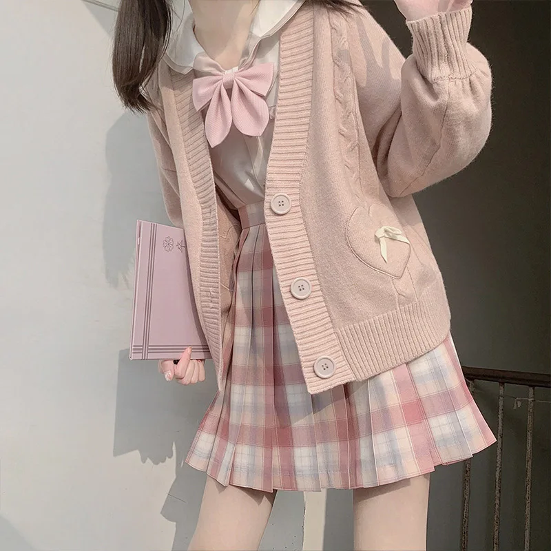 Cárdigan rosa de moda Kawaii para mujer, suéter Vintage de punto, bonito Corazón de lazo coreano JK, abrigo escolar, Primavera, Japón