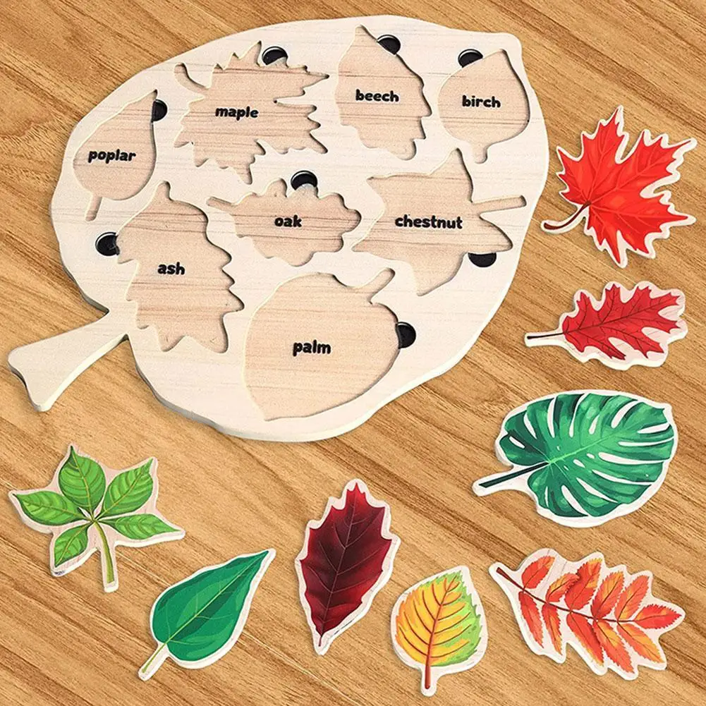 

Children's Wood Puzzle Toy Leaf Name And Shape Matching Toy DIY Parent-child Interactive Toys Kids Earily Education Learing Toy