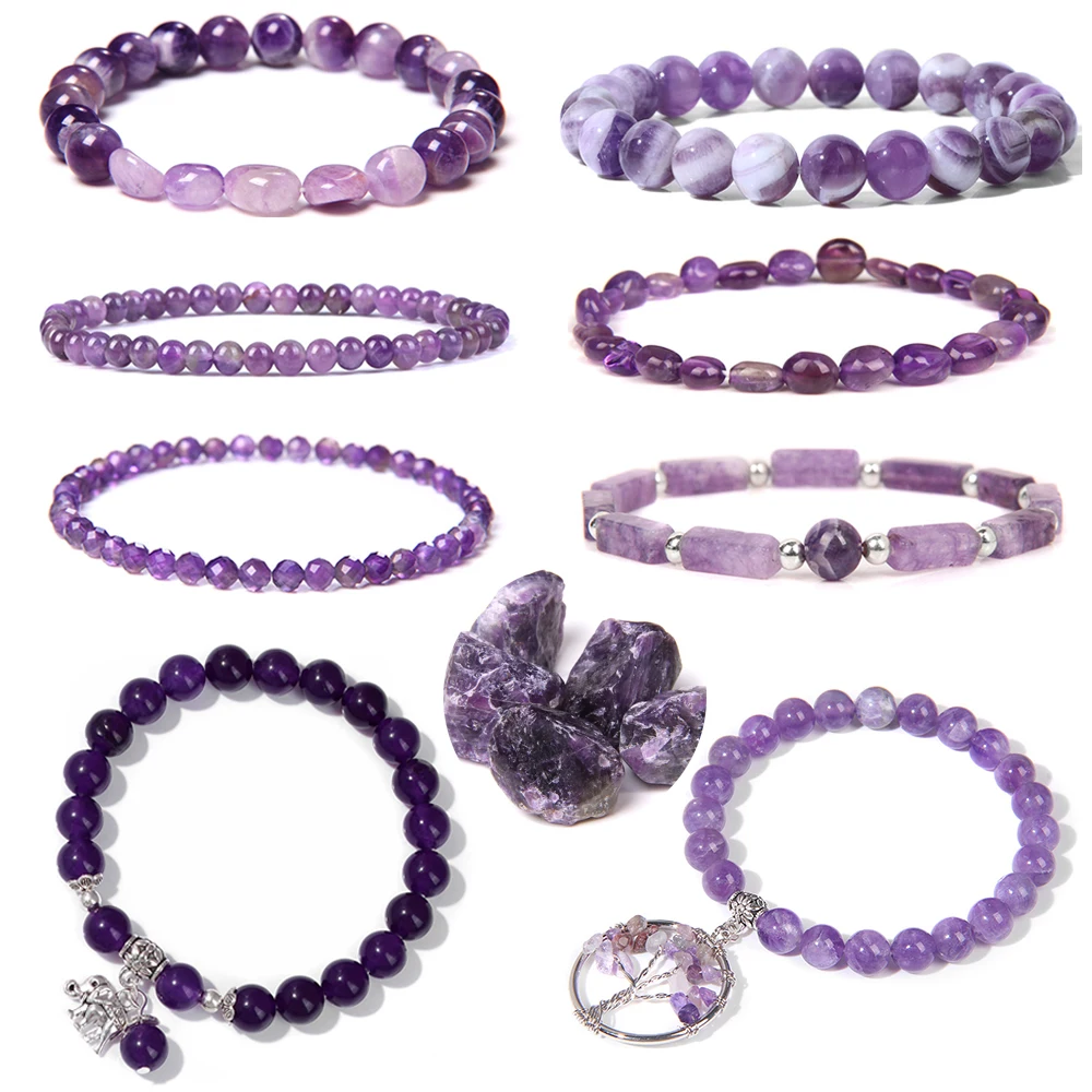 

Energy Natural Amethyst Bracelet Healing Quartz Purple Crystal Stone Bracelet Women Jewelry Male Bangle Stretch Cure Yoga Relief