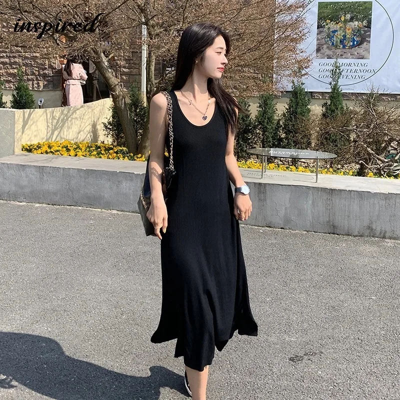 

Черное женское платье-комбинация 2023, летние тонкие простые однотонные платья без рукавов для женщин, облегающее корейское модное платье