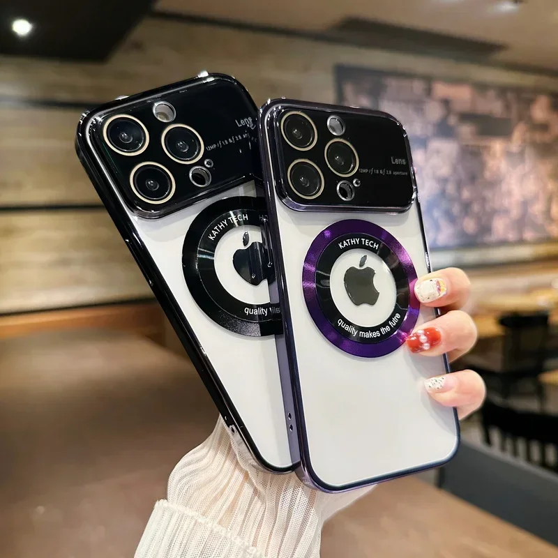 

Роскошный чехол для беспроводной зарядки Magsafe для iPhone 14 13 12 Pro Max 11 противоударный стеклянный большой прозрачный чехол с окошком